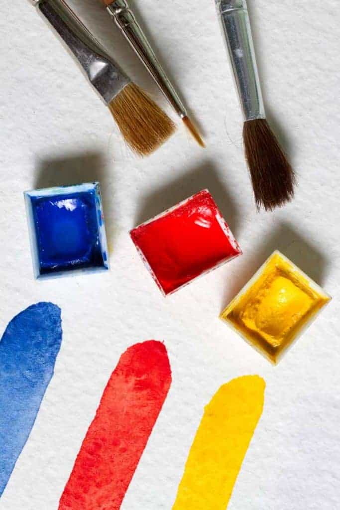Red, yellow and blue (RYB) are the primary colours in art and in colour theory. These are watercolours: ultramarine blue, cadmium red and cadmium yellow. Photo © Piccia Neri.